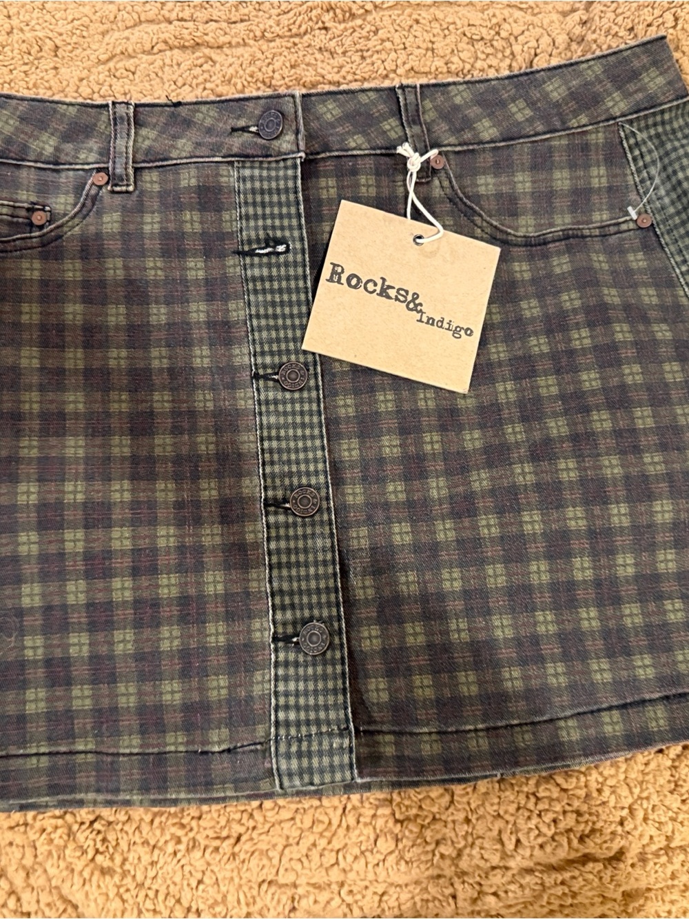Green Plaid Button-Front Mini Skirt